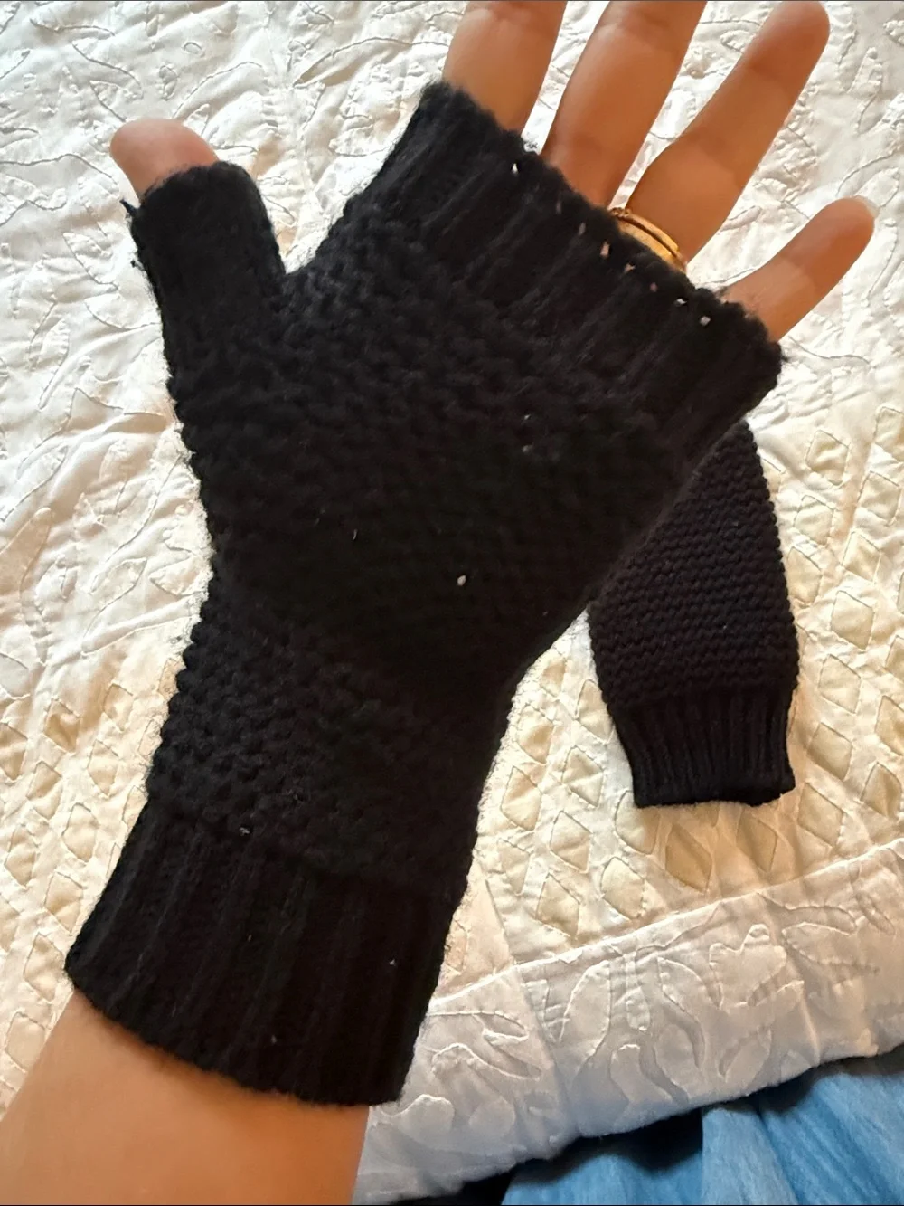 Black Knit Fingerless Mittens - Women's Sweater Accessory